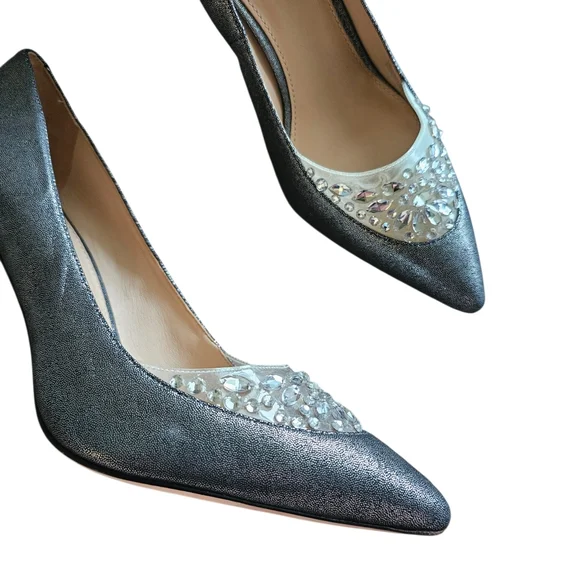 Tory Burch Delphine Pewter & Jewel Embellished Crystal Pump Heels Size 10 - Picture 5 of 11